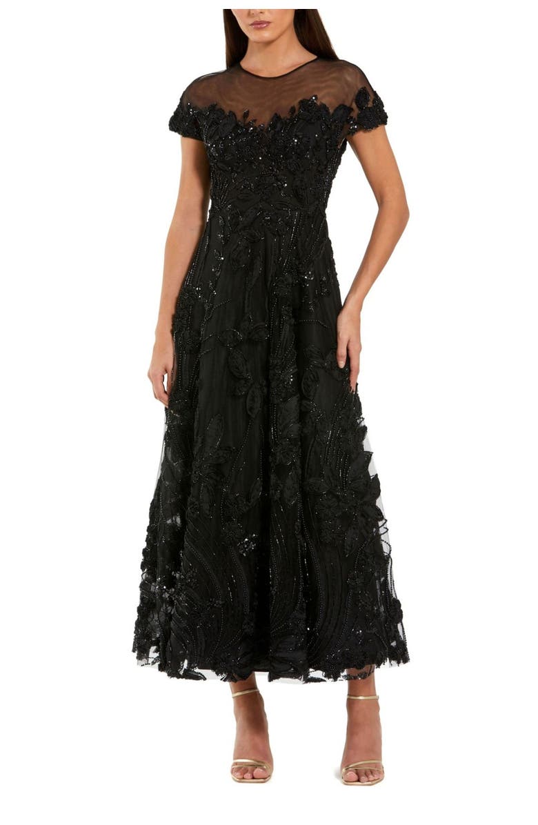 Mac Duggal Embellished Lace Illusion Neck A-Line Midi Dress, Main, color, Black