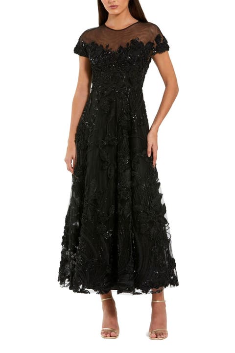 Embellished Lace Illusion Neck A-Line Midi Dress