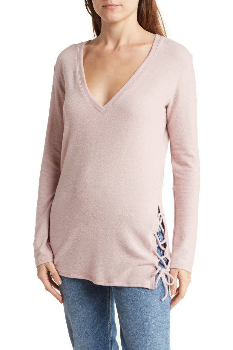 V-Neck Dolman Sleeve Double Lace-Up T-Shirt, Main, color, PALE ROSETTE