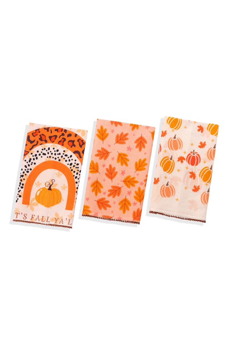 Modern Harvest Set of 3 Cotton Waffle Kitchen Towels, Main, color, PAPAYA/ RUST / CREAM