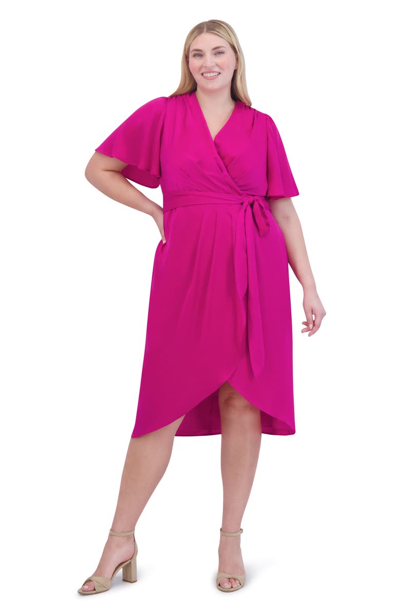 Vince Camuto Flutter Sleeve Faux Wrap Satin Midi Dress, Alternate, color, 