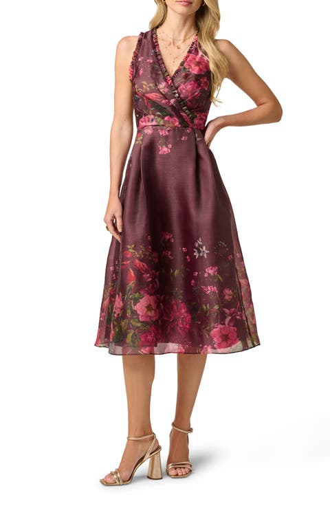 Placed Floral Organza Midi Dress