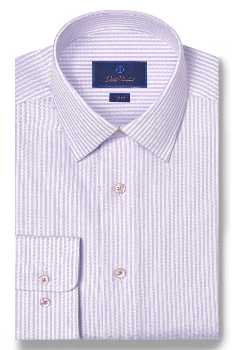 Trim Fit Herringbone Stripe Cotton & Silk Dress Shirt, Main, color, WHITE/ LILAC