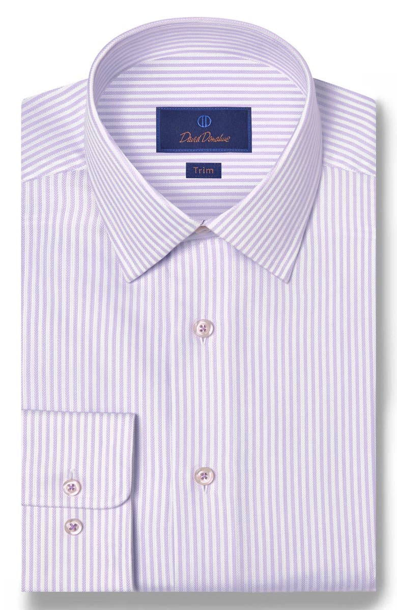 David Donahue Trim Fit Herringbone Stripe Cotton & Silk Dress Shirt, Main, color, White/ Lilac