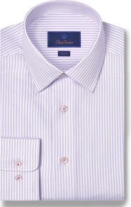 David Donahue Trim Fit Herringbone Stripe Cotton & Silk Dress Shirt