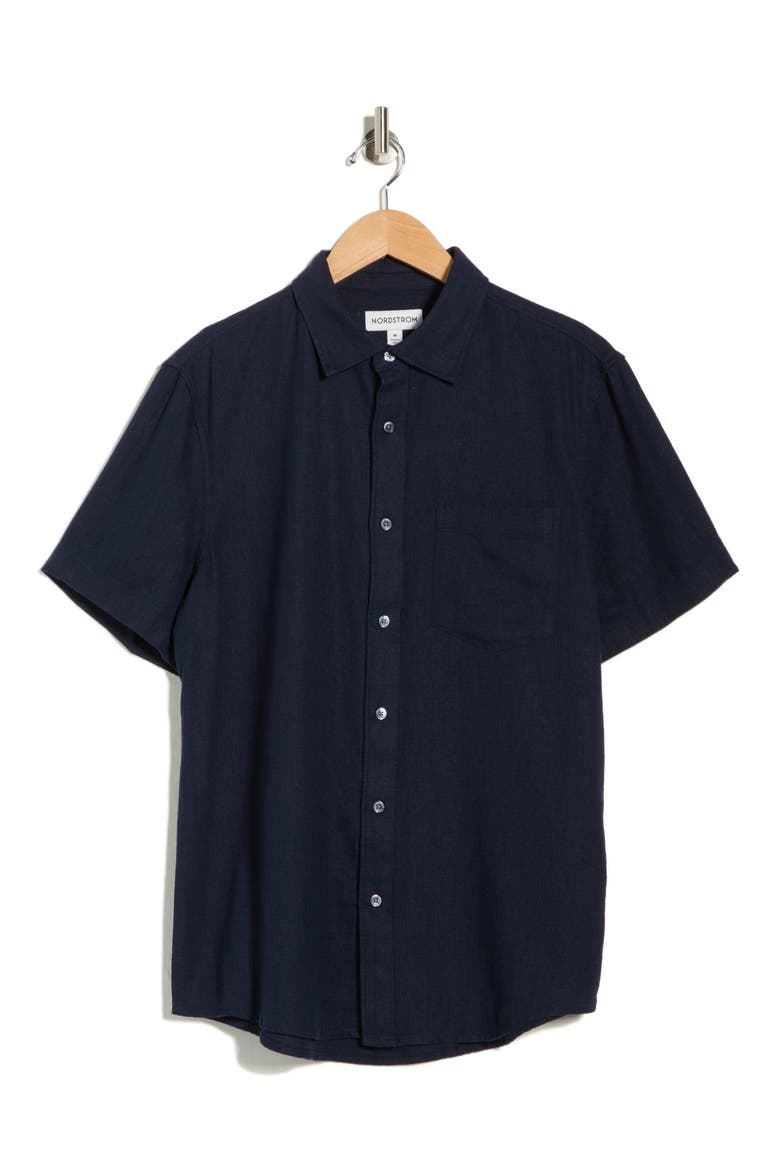 Short Sleeve Linen Blend Button-Up Shirt, Alternate, color, NAVY SAPPHIRE