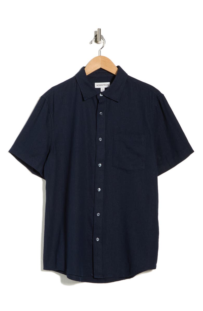 Nordstrom Short Sleeve Linen Blend Button-Up Shirt, Alternate, color, Navy Sapphire