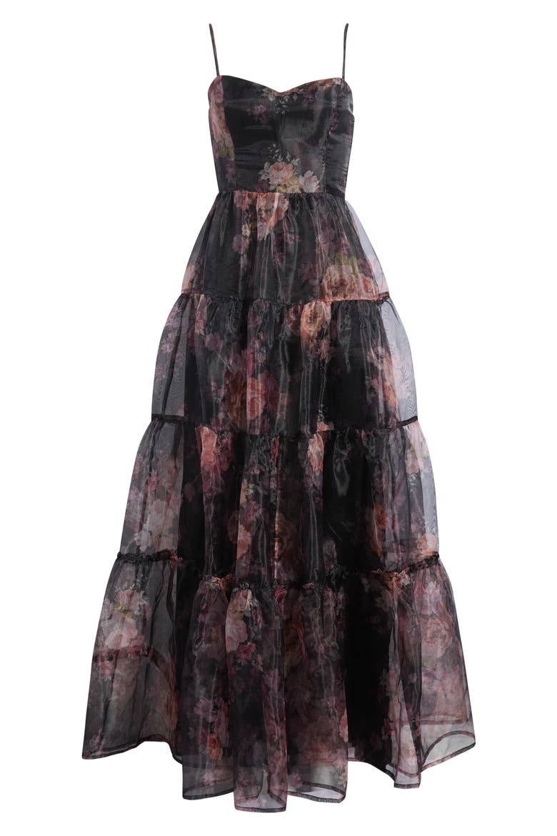 Calissa Tiered Organza Maxi Dress, Alternate, color, BLACK FLORAL