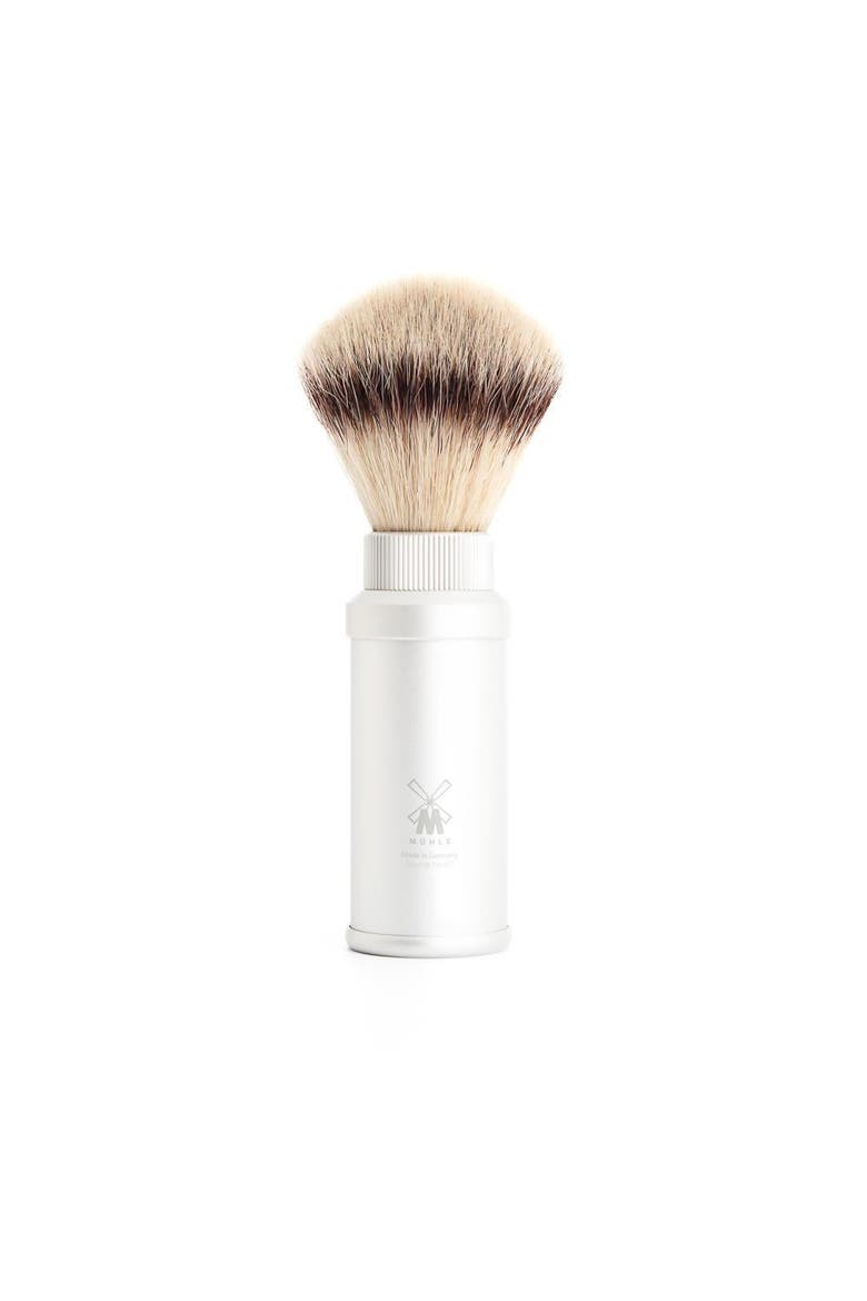 Travel Silver Anodized Aluminum Silvertip Fiber Travel Shaving Brush, Main, color, Silver