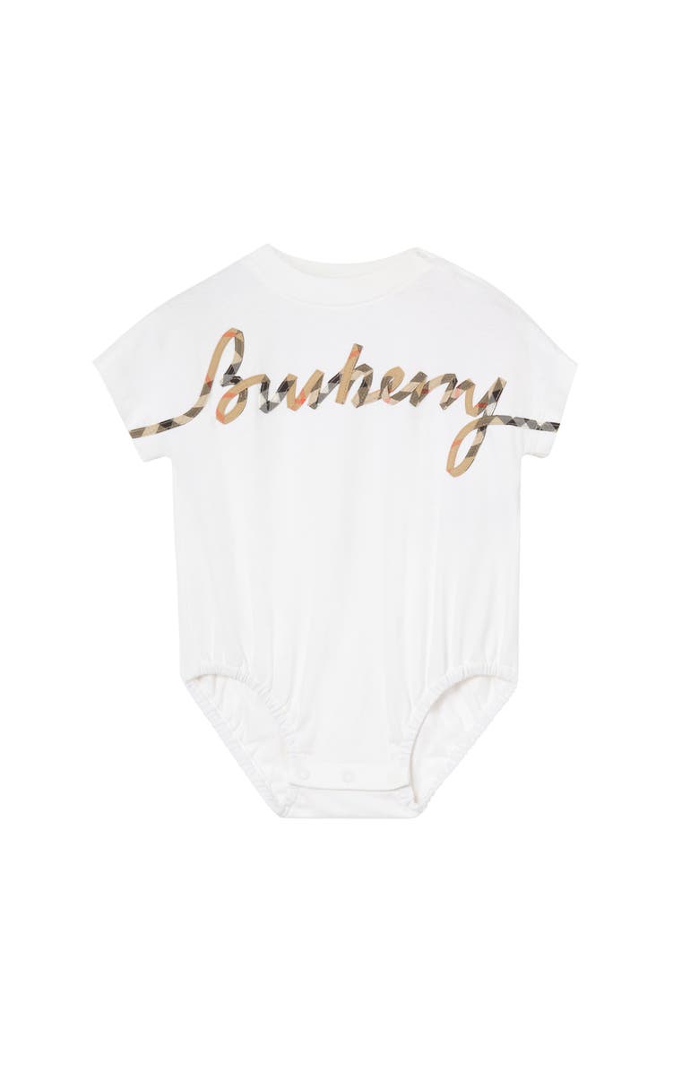 Burberry Check Cursive Logo Cotton Bodysuit, Main, color, White