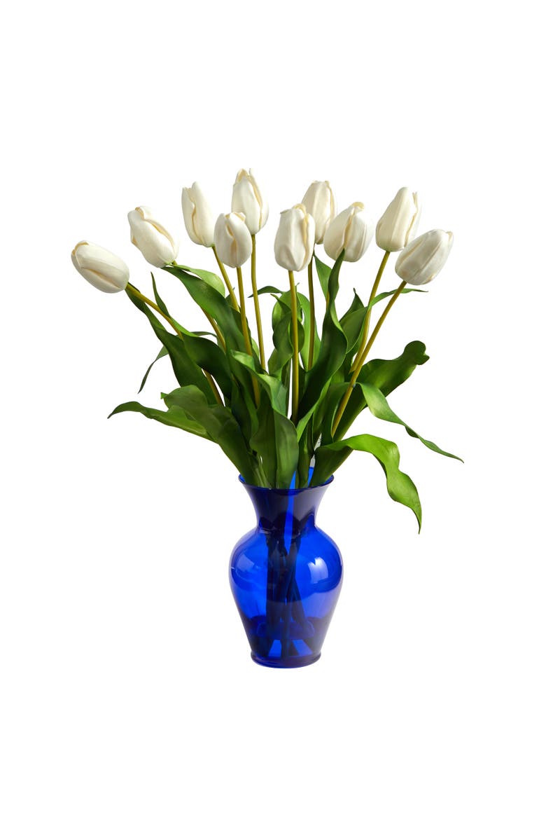 NEARLY NATURAL 22-in Dutch Tulip Artificial Arrangement in Blue Colored Vase, Main, color, White