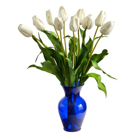 22-in Dutch Tulip Artificial Arrangement in Blue Colored Vase