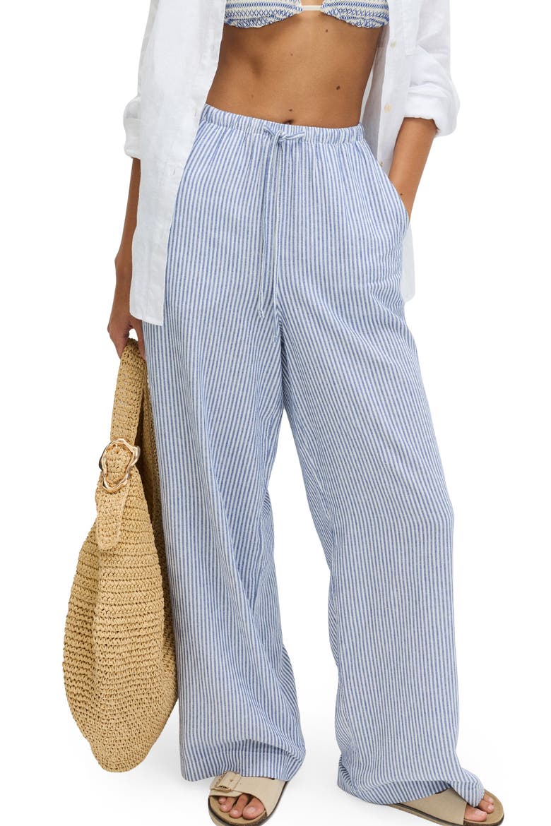 Stripe Wide Leg Linen Blend Drawstring Pants, Main, color, BLUE/ MULTI