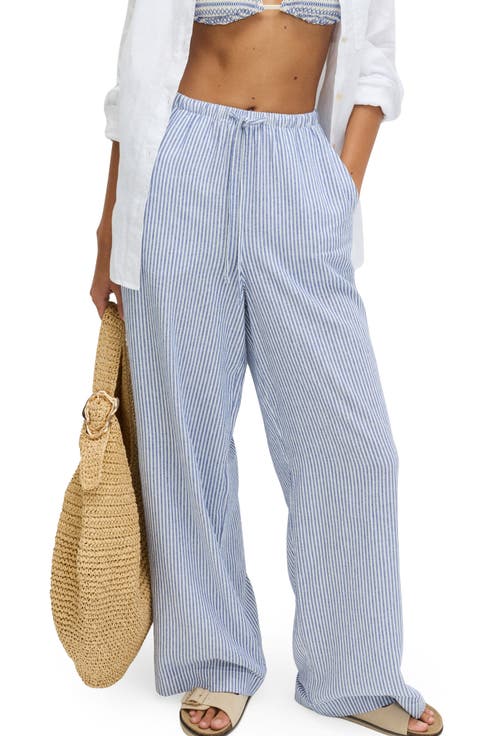 Stripe Wide Leg Linen Blend Drawstring Pants