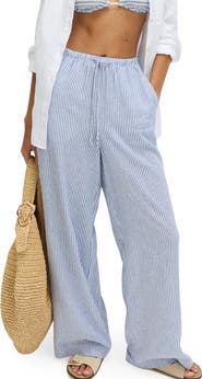 M&S Stripe Wide Leg Linen Blend Drawstring Pants