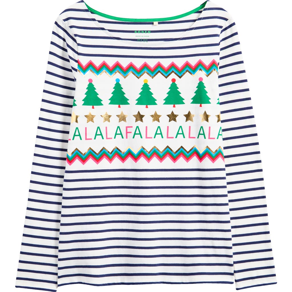 Boden Ella Breton Stripe Holiday Long Sleeve Cotton Graphic T-Shirt in Ivory Navy Falalala
