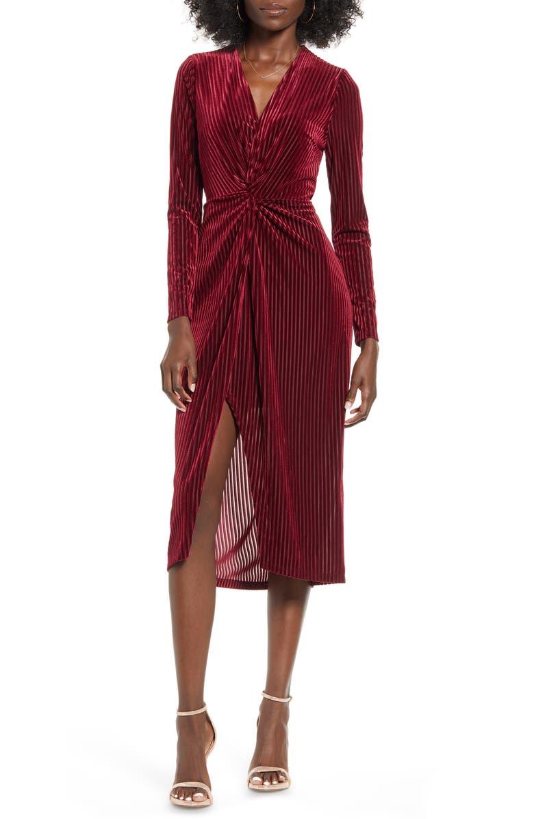 All in Favor Knot Long Sleeve Velvet Rib Midi Dress, Main, color,