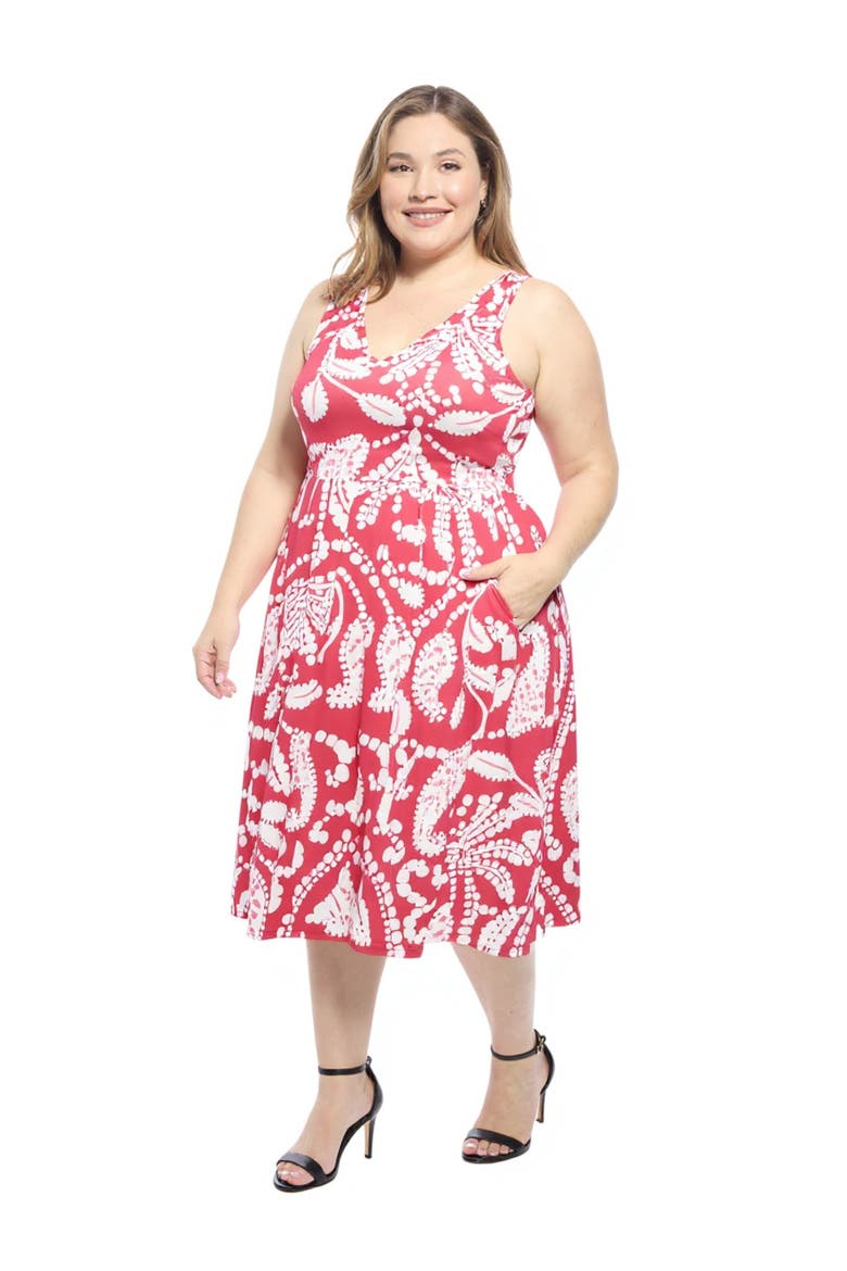 Plus Size Paisley V-Neck Sleeveless Pleated Pocket Midi Fit N Flare Dress, Alternate, color, Red Multi