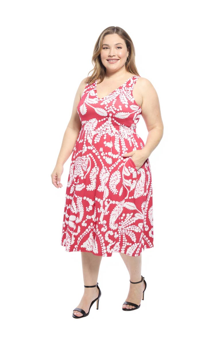 24seven Comfort Apparel Plus Size Paisley V-Neck Sleeveless Pleated Pocket Midi Fit N Flare Dress, Alternate, color, Red Multi