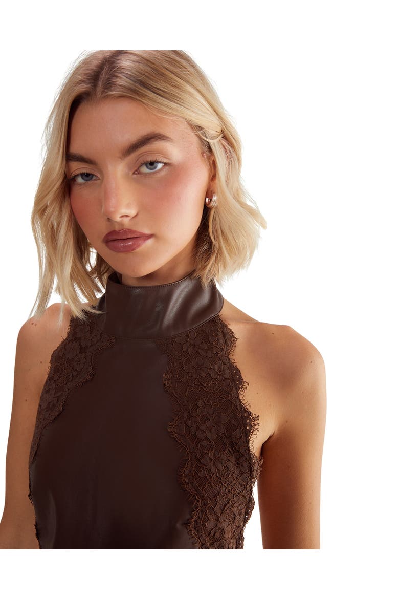Faux Leather Tie Back Halter Dress, Alternate, color, Chocolate
