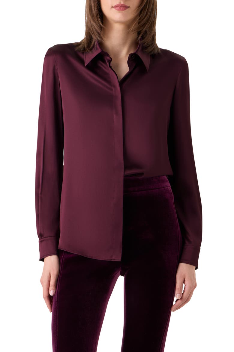 Stretch Silk Satin Button-Up Top, Main, color, MERLOT RED