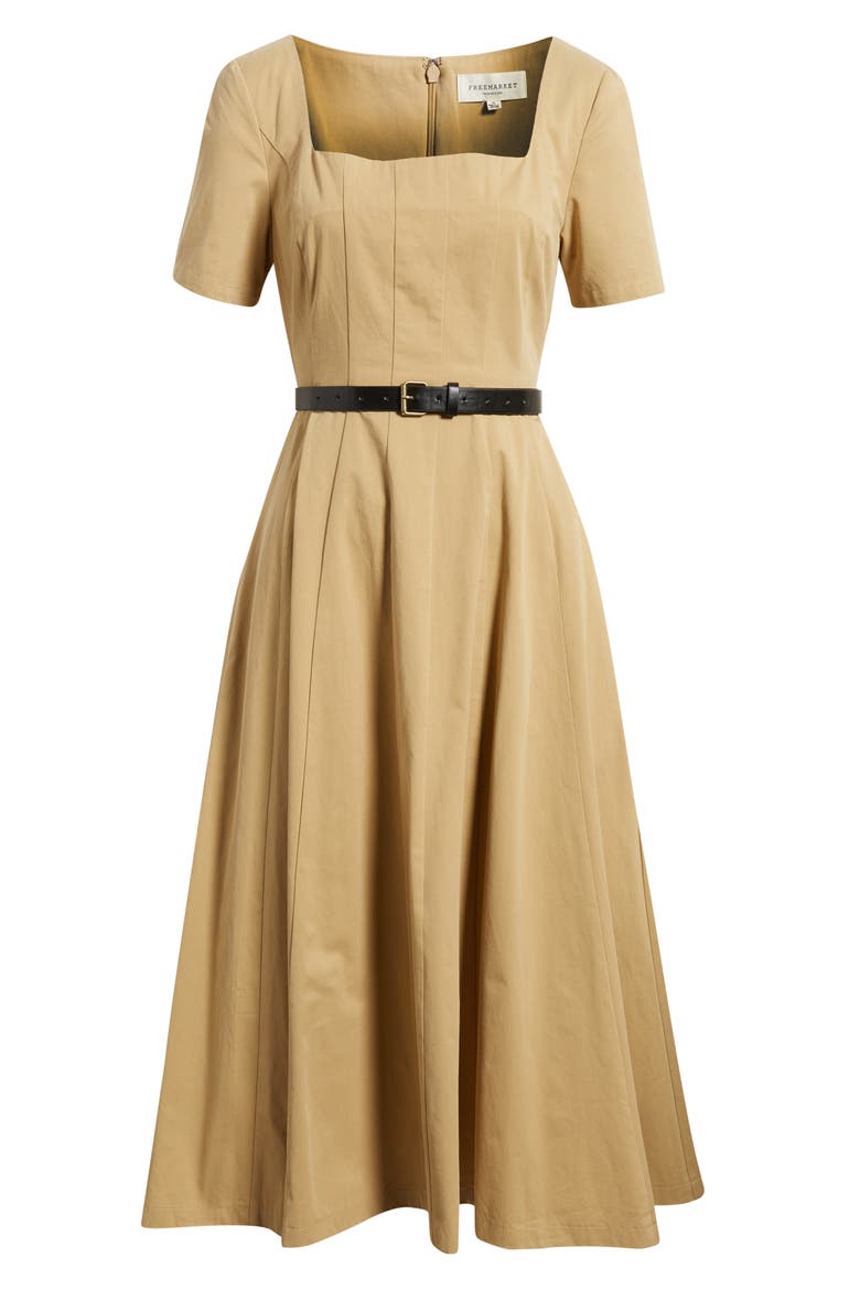 Belted Pleated Cotton Midi Dress, Alternate, color, BEIGE