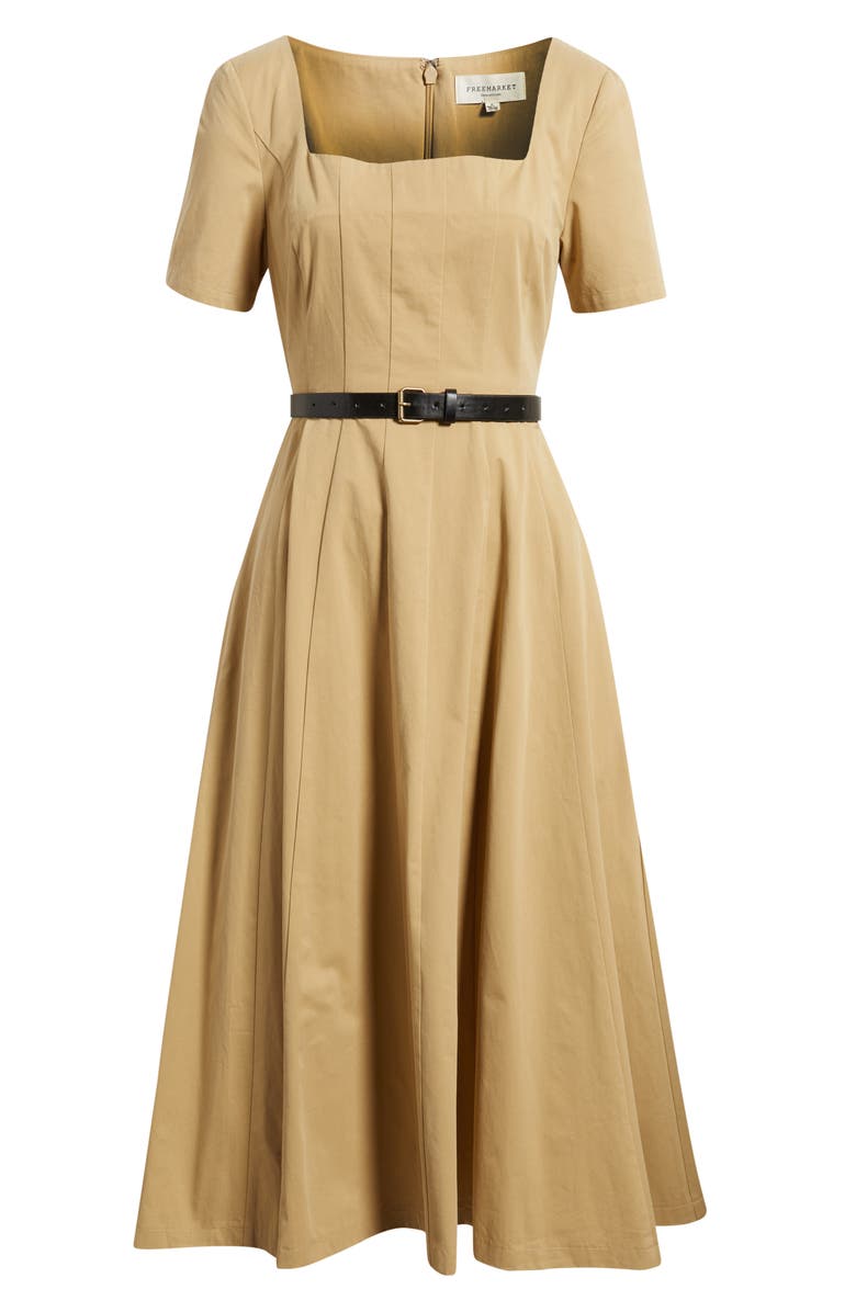 FREEMARKET Belted Pleated Cotton Midi Dress, Alternate, color, Beige