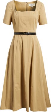 FREEMARKET Belted Pleated Cotton Midi Dress