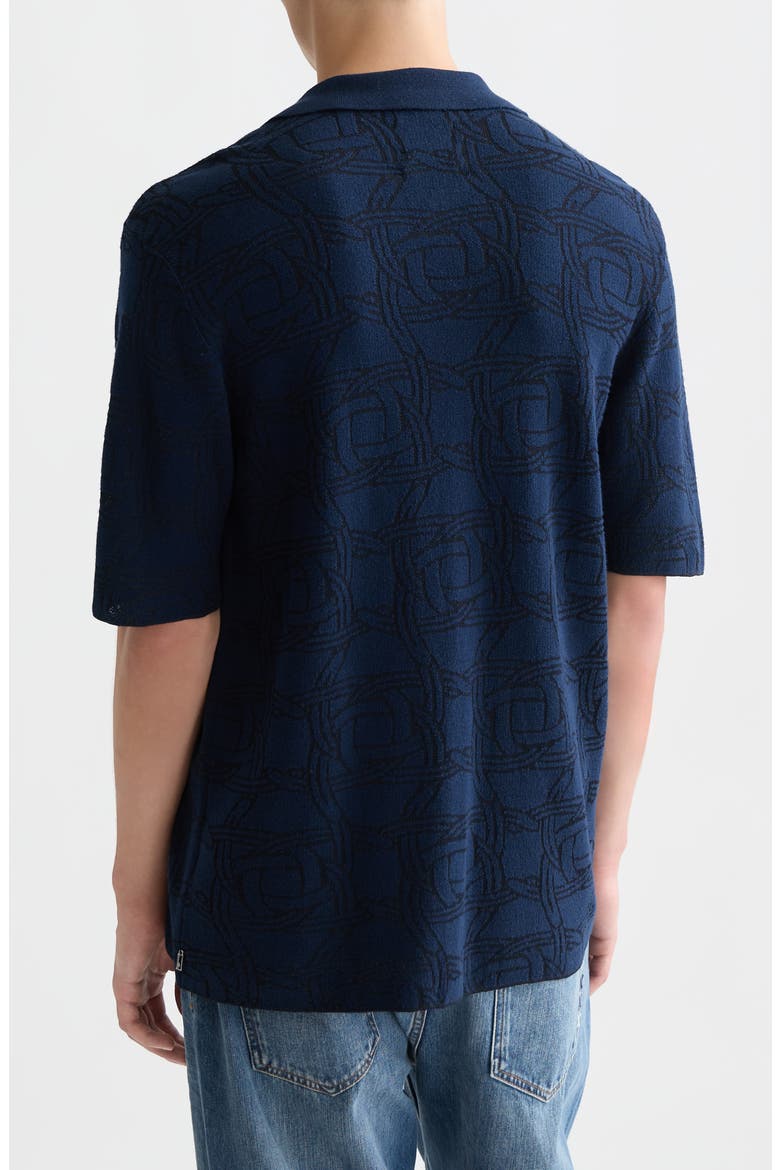 Tone-on-Tone Jacquard Short Sleeve Button-Up Knit Shirt, Alternate, color, HORSESHOES INFINITY
