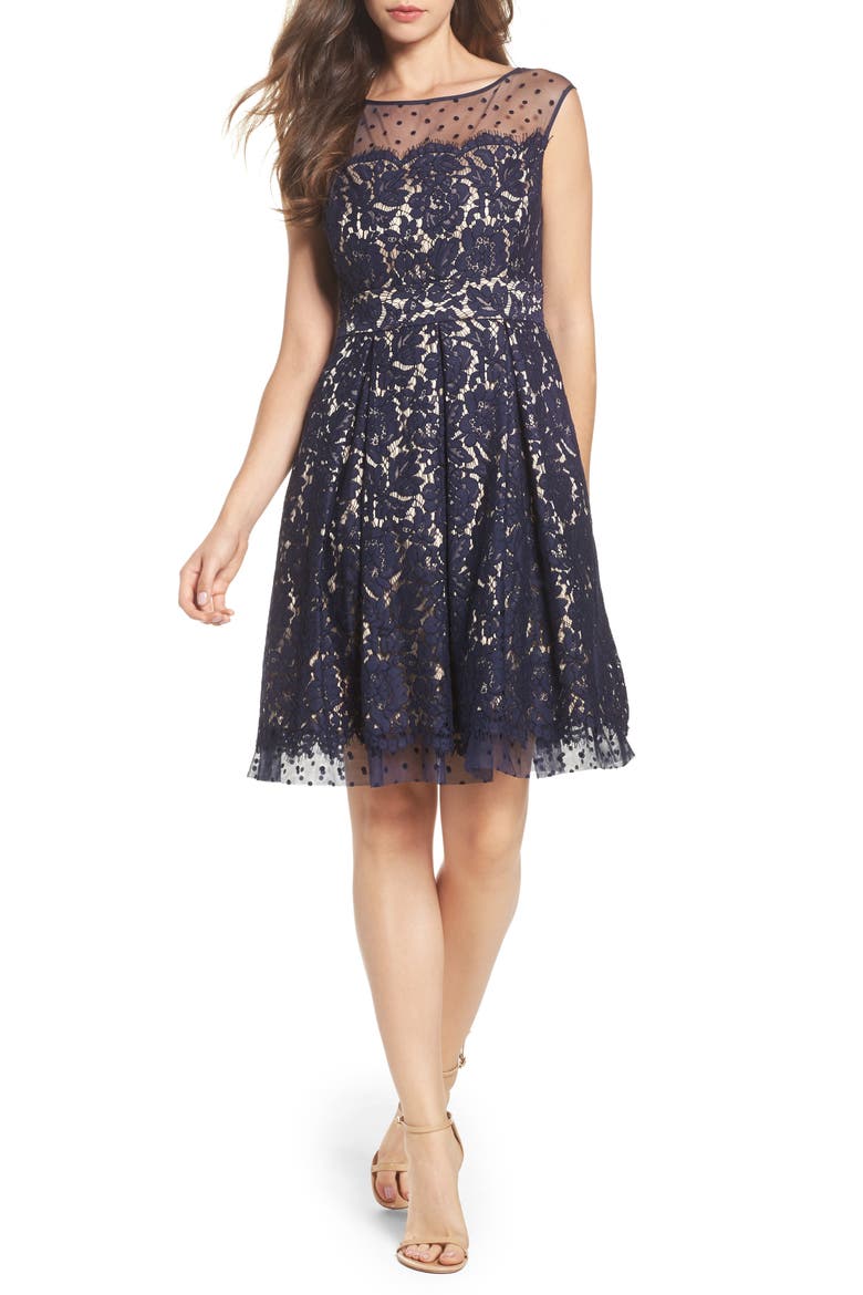 Illusion Yoke Lace Fit & Flare Dress, Main, color, NAVY