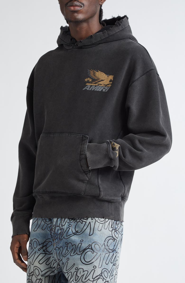 AMIRI Pegasus Distressed Cotton Graphic Hoodie, Alternate, color, Black