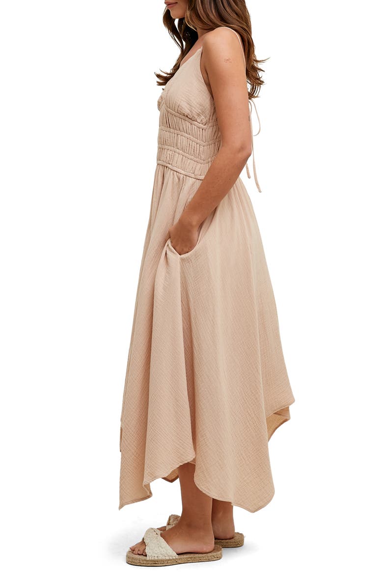 Smocked Handkerchief Hem Midi Dress, Alternate, color, NATURAL