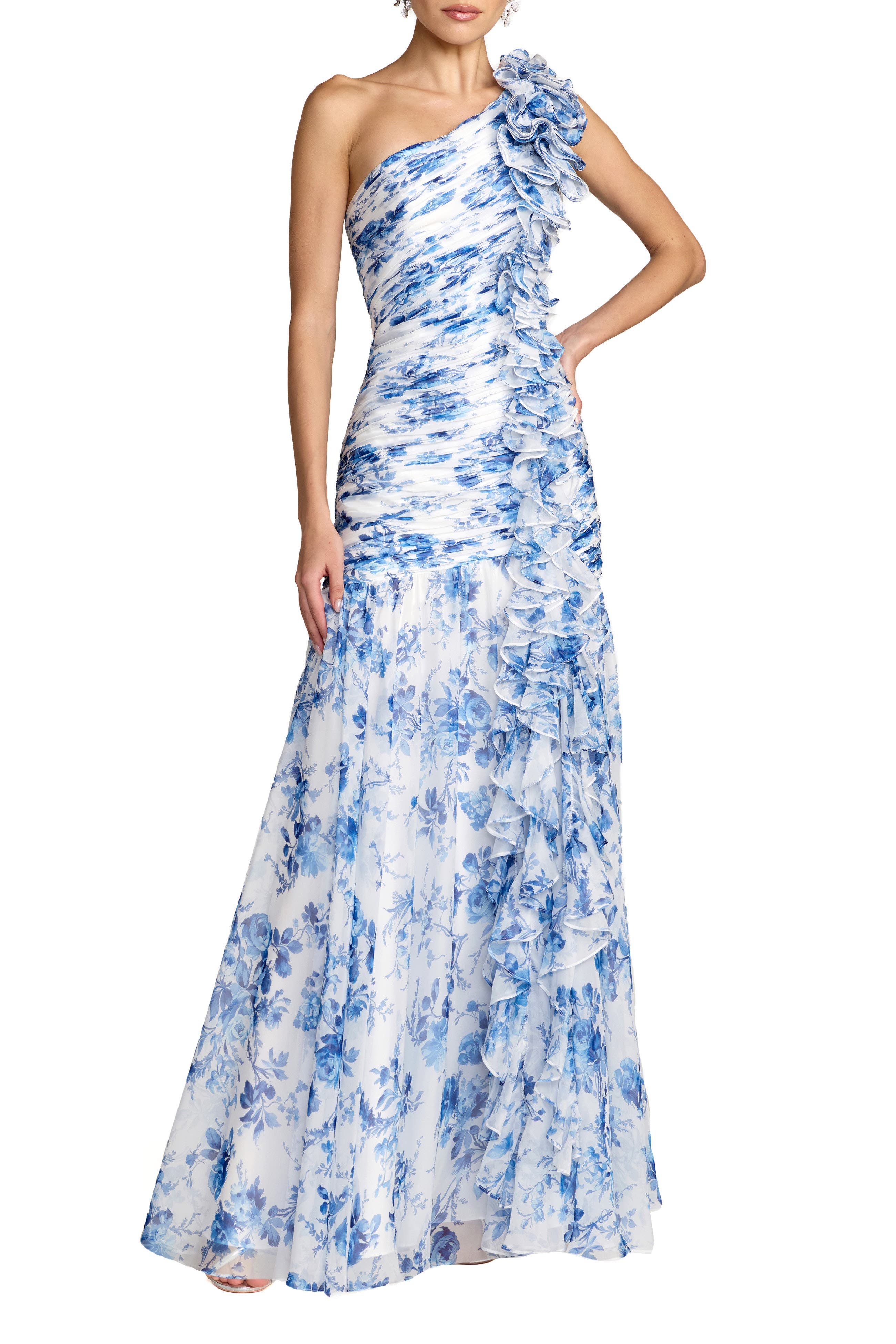 Printed Chiffon One Shoulder Ruched Ruffle Gown