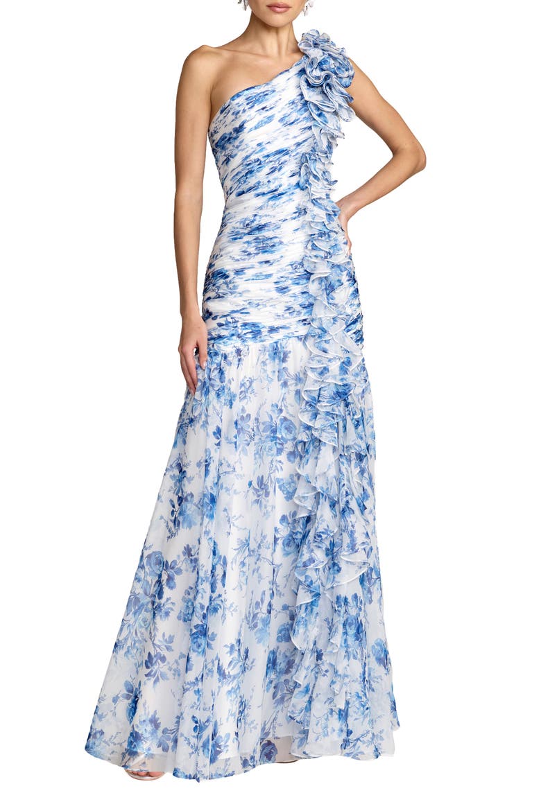 Printed Chiffon One Shoulder Ruched Ruffle Gown, Main, color, Blue Multi