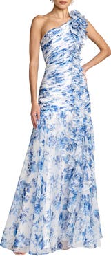 Mac Duggal Printed Chiffon One Shoulder Ruched Ruffle Gown