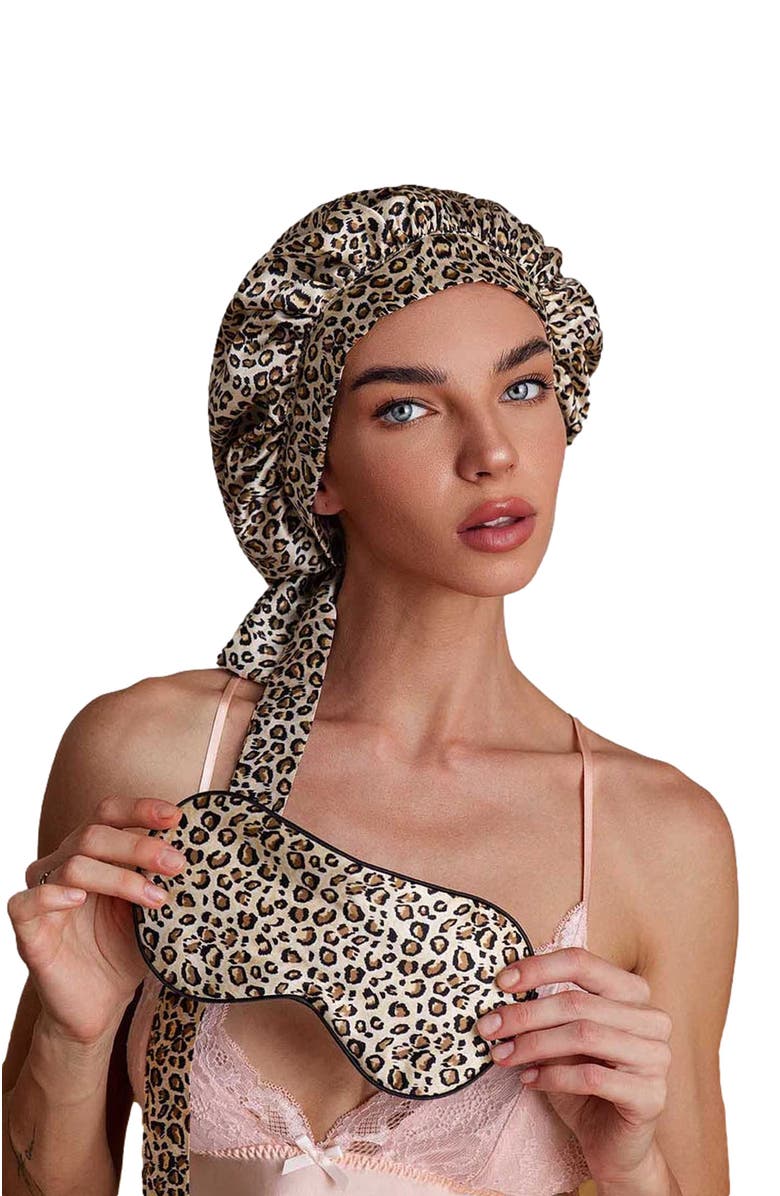 SILKSILKY Pure Silk Bonnet+Eye Mask Set, Alternate, color, Leopard