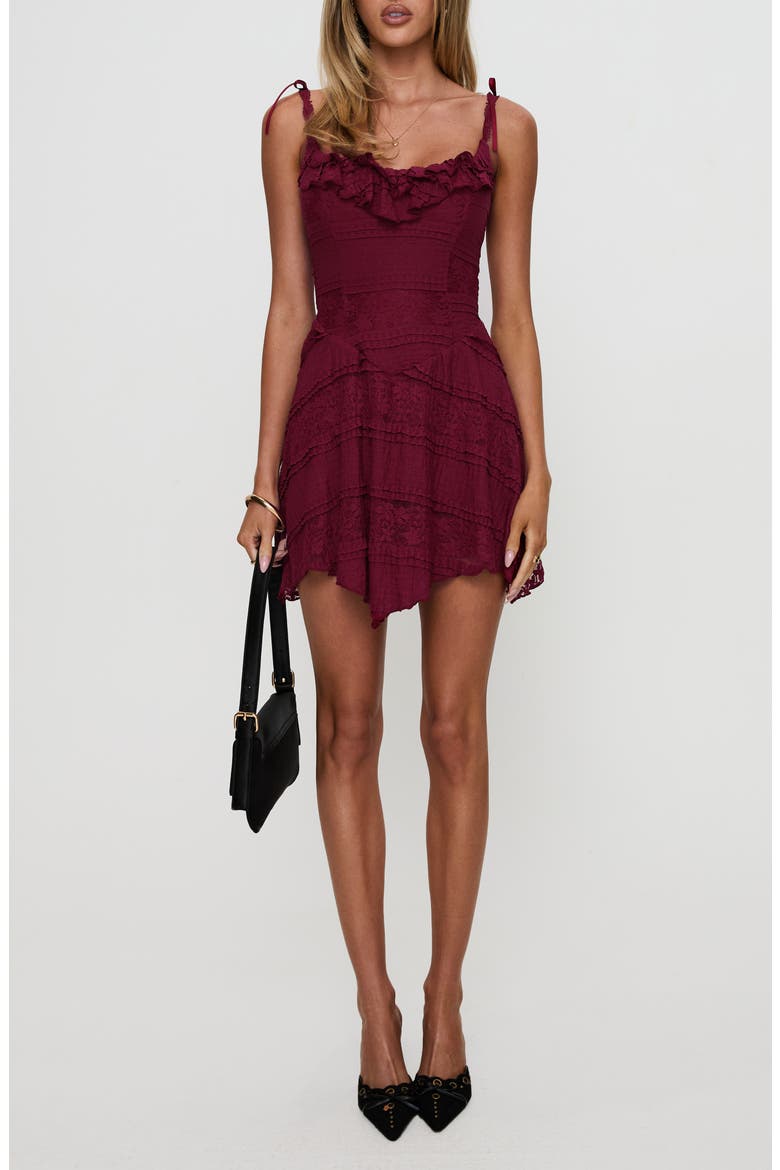 Dwyer Tie Strap Lace Minidress, Main, color, BURGUNDY