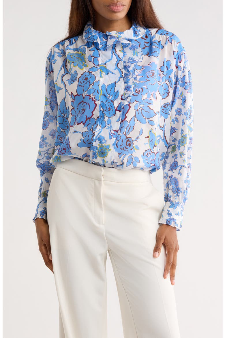 Sophia Floral Long Sleeve Cotton & Silk Button-Up Top, Main, color, CHINA VINE DEGRADE