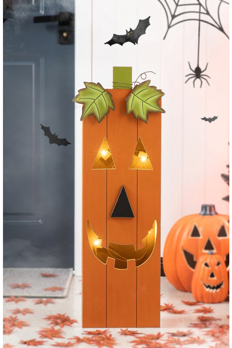 Lighted Halloween Wooden Pumpkin Porch Decor with Timer, Alternate, color, Orange