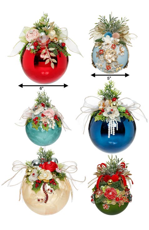 Floral Jeweled Ball Ornament, Set Of 6