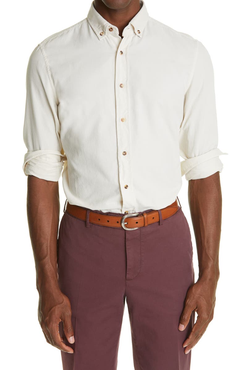 Brunello Cucinelli Leisure Fit Button-Down Corduroy Shirt, Main, color, 
