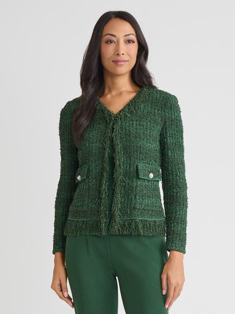Tailored Eyelash Fringe Trim Knit Jacket, Dark Ivy