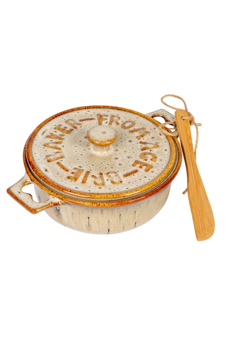 Storied Home 9 Inches Stoneware Brie Baker with Wood Canapé Spreader Knife, Main, color, Brown