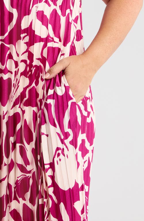 Melloday Pleated Satin Maxi Dress In Magenta/ivory Print
