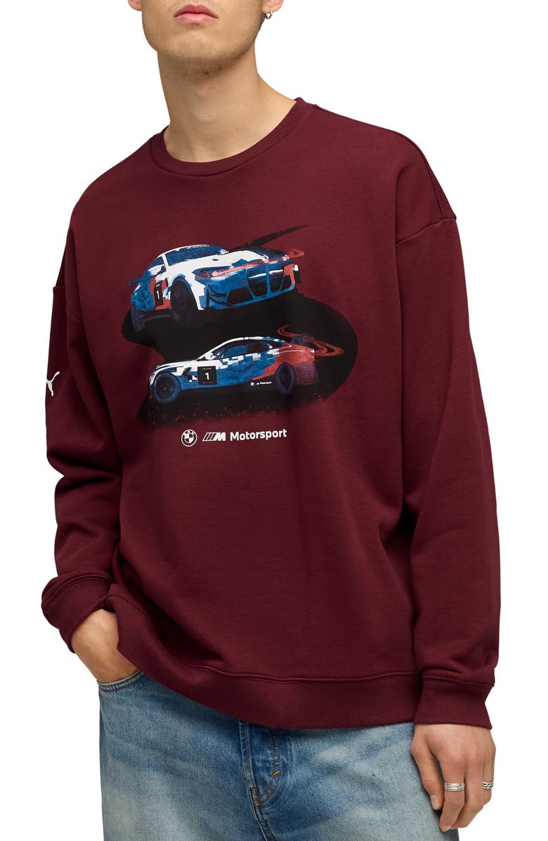 PUMA BMW Cotton Graphic Crewneck Sweatshirt, Main, color, Ruby Shimmer