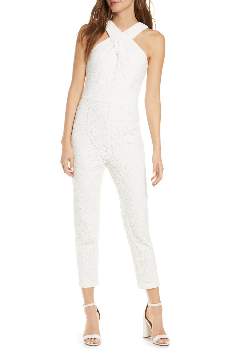 Adelyn Rae Cayden Cross Neck Lace Jumpsuit, Main, color,