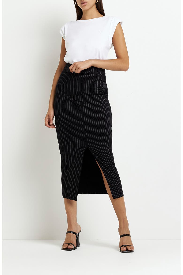 Pinstripe Ponte Knit Midi Skirt, Alternate, color, NAVY