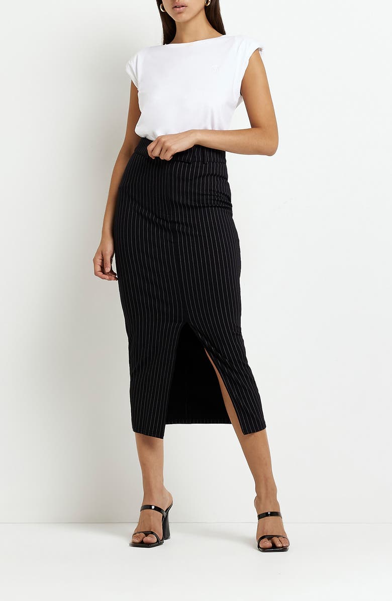 River Island Pinstripe Ponte Knit Midi Skirt, Alternate, color, 