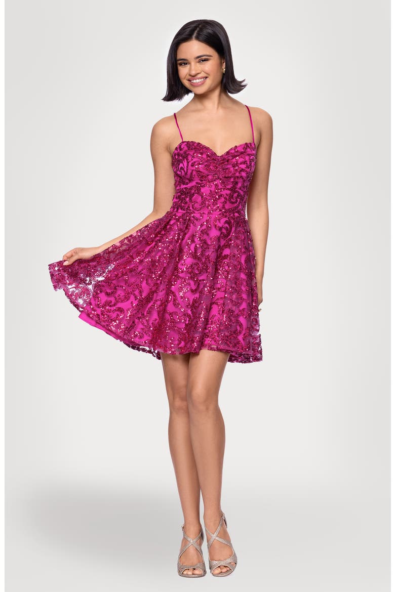 Glitter Lace-Up Fit & Flare Minidress, Alternate, color, HOT PINK