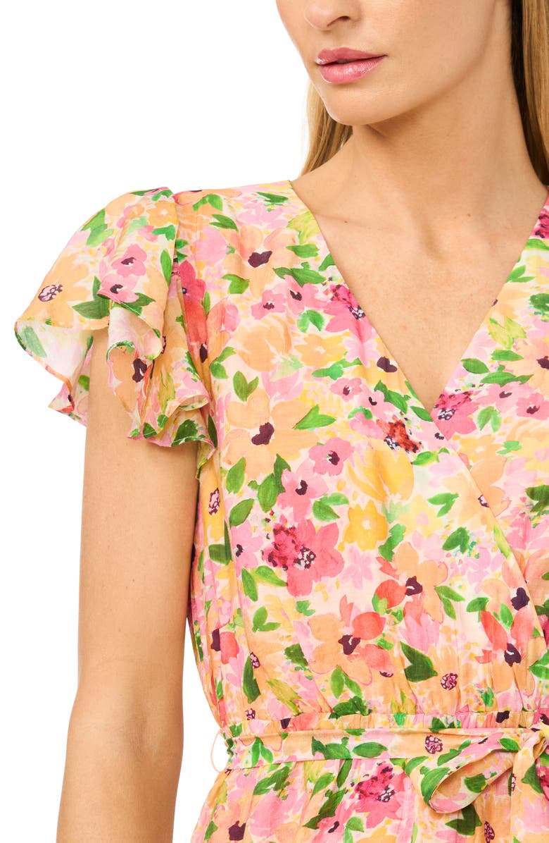 CeCe Floral Flutter Sleeve Tie Belt Maxi Dress, Alternate, color, Claret Red